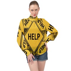 Caution Road Sign Help Cross Yellow High Neck Long Sleeve Chiffon Top