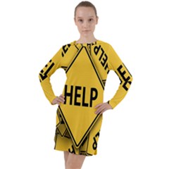 Caution Road Sign Help Cross Yellow Long Sleeve Hoodie Dress