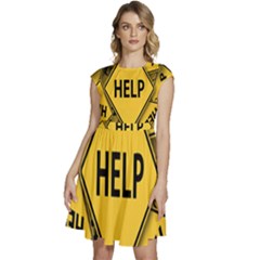 Caution Road Sign Help Cross Yellow Cap Sleeve High Waist Dress