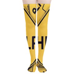 Caution Road Sign Help Cross Yellow Thigh High Stockings