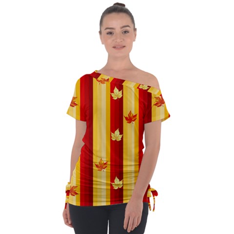 Autumn Fall Leaves Vertical Off Shoulder Tie-up T-shirt by anzea