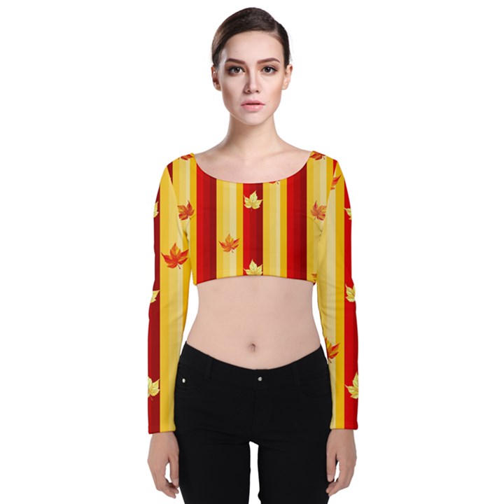 Autumn Fall Leaves Vertical Velvet Long Sleeve Crop Top