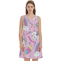 Beautiful Cute Animals Pattern Pink Round Neck Sleeve Casual Dress With Pockets by Grandong