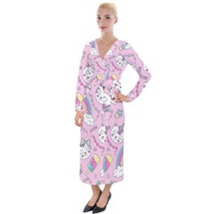 Beautiful Cute Animals Pattern Pink Velvet Maxi Wrap Dress