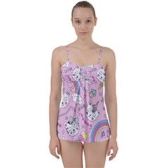 Beautiful Cute Animals Pattern Pink Babydoll Tankini Top by Grandong