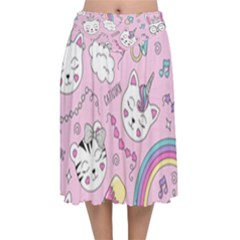 Beautiful Cute Animals Pattern Pink Velvet Flared Midi Skirt