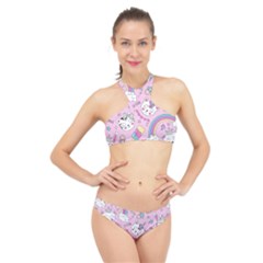 Beautiful Cute Animals Pattern Pink High Neck Bikini Set by Grandong