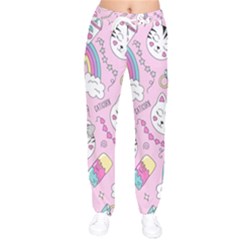 Beautiful Cute Animals Pattern Pink Women Velvet Drawstring Pants