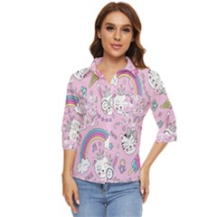 Beautiful Cute Animals Pattern Pink Women s Quarter Sleeve Pocket Shirt