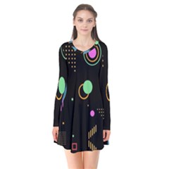 Colartive, Aesthetic, Amoled, Black, Colorful, Desenho Long Sleeve V-neck Flare Dress by kyorashop23