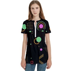 Colartive, Aesthetic, Amoled, Black, Colorful, Desenho Women s Zip Front V-neck Short Sleeve Casual Top Pocket Shirt