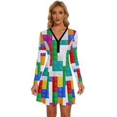 Colorful Bricks, Bricks, Colorful, Colors, Games, Lego, Rainbow Long Sleeve Deep V Mini Dress  by kyorashop23