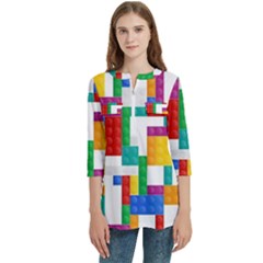 Colorful Bricks, Bricks, Colorful, Colors, Games, Lego, Rainbow Women s Zip Front V-neck 3/4 Sleeve Casual Top Pocket Shirt