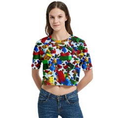 Falling Lego Bricks, Desenho Women s Round Neck Short Sleeve Crop Top