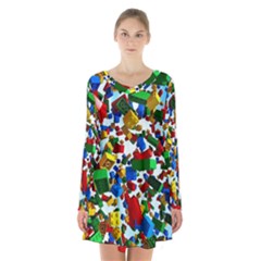 Falling Lego Bricks, Desenho Long Sleeve Velvet V-neck Dress