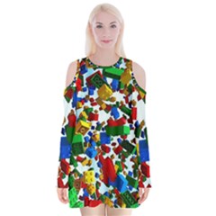 Falling Lego Bricks, Desenho Velvet Long Sleeve Shoulder Cutout Dress