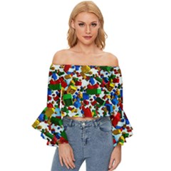 Falling Lego Bricks, Desenho Off Shoulder Flutter Bell Sleeve Top