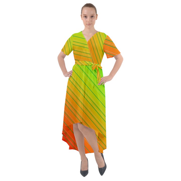 Orange Green Gradient Hunter Front Wrap High Low Dress