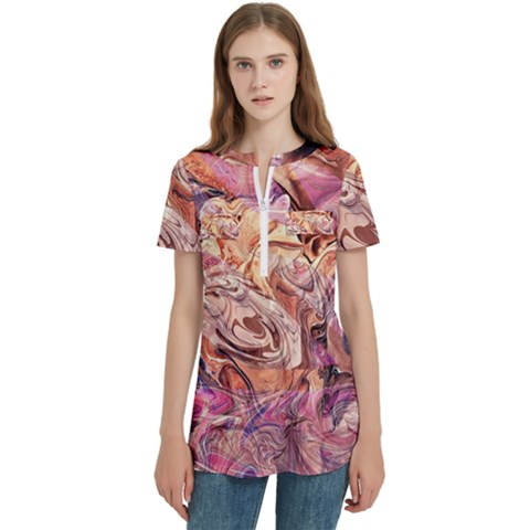 Blend  Women s Zip Front V-neck Short Sleeve Casual Top Pocket Shirt by kaleidomarblingart