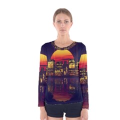 Abstract City Retro Sunset Night Women s Long Sleeve T-shirt