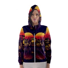 Abstract City Retro Sunset Night Women s Hooded Windbreaker