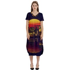 Abstract City Retro Sunset Night T-shirt Midi Dress With Pockets