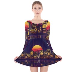 Abstract City Retro Sunset Night Long Sleeve Velvet Skater Dress