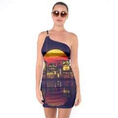 Abstract City Retro Sunset Night One Shoulder Ring Trim Bodycon Dress by Bedest