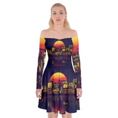 Abstract City Retro Sunset Night Off Shoulder Skater Dress by Bedest