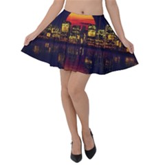 Abstract City Retro Sunset Night Velvet Skater Skirt