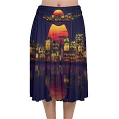 Abstract City Retro Sunset Night Velvet Flared Midi Skirt