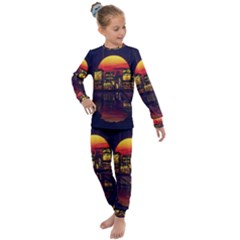 Abstract City Retro Sunset Night Kids  Long Sleeve Set 