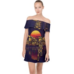 Abstract City Retro Sunset Night Off Shoulder Chiffon Dress by Bedest