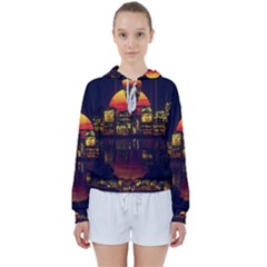 Abstract City Retro Sunset Night Women s Tie Up Sweat