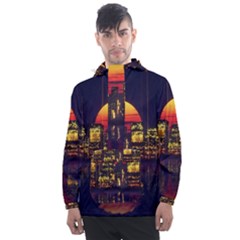 Abstract City Retro Sunset Night Men s Front Pocket Pullover Windbreaker