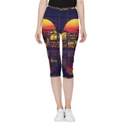 Abstract City Retro Sunset Night Inside Out Lightweight Velour Capri Leggings  by Bedest