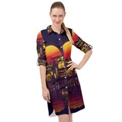 Abstract City Retro Sunset Night Long Sleeve Mini Shirt Dress by Bedest