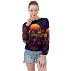 Abstract City Retro Sunset Night Banded Bottom Chiffon Top by Bedest