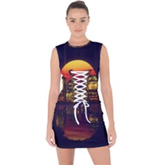 Abstract City Retro Sunset Night Lace Up Front Bodycon Dress by Bedest