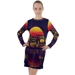 Abstract City Retro Sunset Night Long Sleeve Hoodie Dress