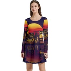 Abstract City Retro Sunset Night Long Sleeve Velour Skater Dress by Bedest