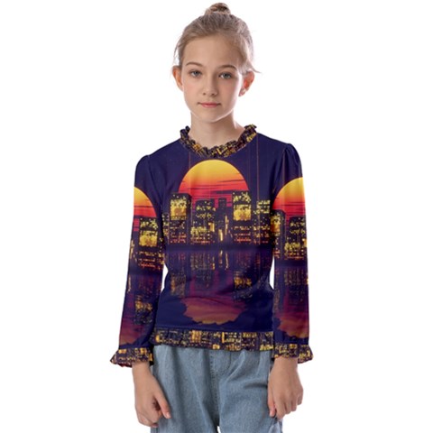 Abstract City Retro Sunset Night Kids  Frill Detail T-shirt by Bedest