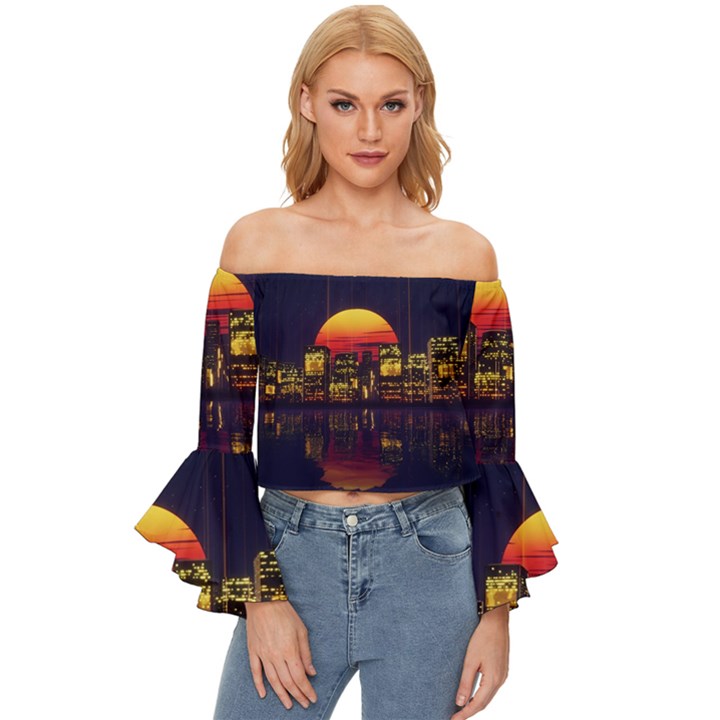 Abstract City Retro Sunset Night Off Shoulder Flutter Bell Sleeve Top