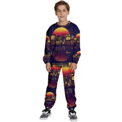 Abstract City Retro Sunset Night Kids  Sweatshirt Set