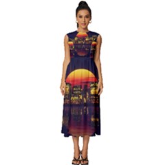 Abstract City Retro Sunset Night Sleeveless Round Neck Midi Dress by Bedest