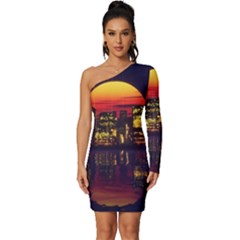 Abstract City Retro Sunset Night Long Sleeve One Shoulder Mini Dress by Bedest