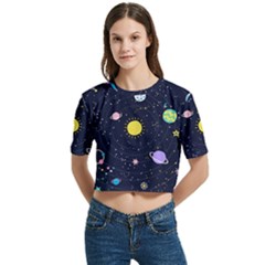 Aesthetic Outer Space Cartoon Art Women s Round Neck Short Sleeve Crop Top