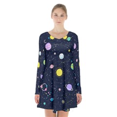 Aesthetic Outer Space Cartoon Art Long Sleeve Velvet V-neck Dress