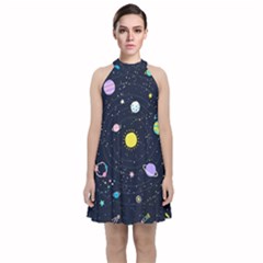 Aesthetic Outer Space Cartoon Art Velvet Halter Neckline Dress 