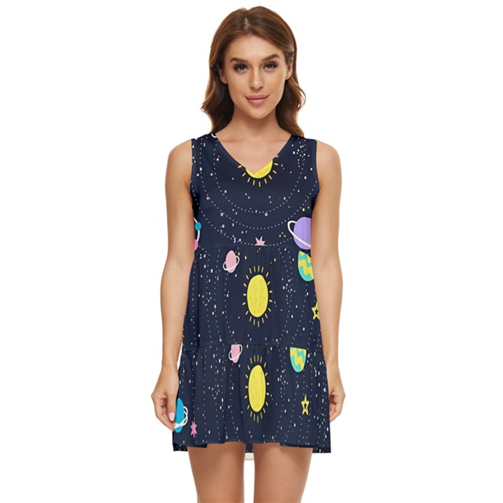 Aesthetic Outer Space Cartoon Art Tiered Sleeveless Mini Dress